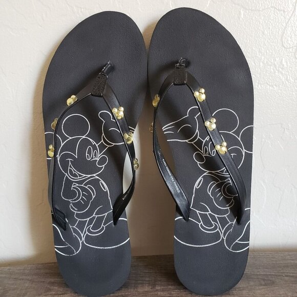 Disney Mickey Mouse Gem Flip Flop Wedge Sandals Black Sz Women's 10 Faux Leather - Picture 5 of 10